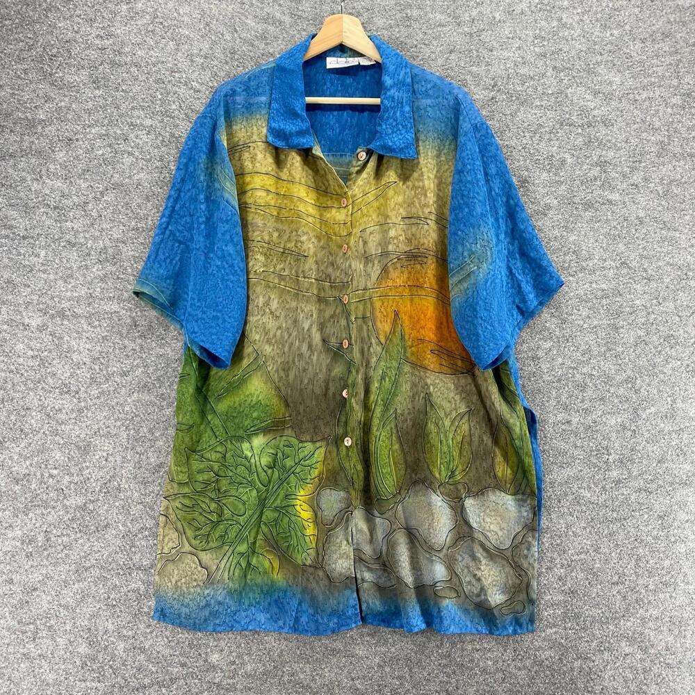 Dalin Shirt Women 1X Plus Blue Geometric Button Up Short Sleeve Collared Casual
